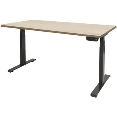 Dextro plus zit/sta 140x80cm, electrisch hoogte verstelbare werkplek, T-poot frame. Frame kleur zwart (RAL9005) en blad Honey Castello.