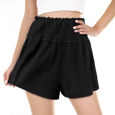 Aomig damesshorts met hoge taille en ruches, damesmode casual zwarte shorts met elastische taille, dames klassieke geplooide lounge coole katoenmix zomertrainingsshorts, buitensporten strand pijpen