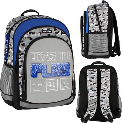 Pixel grijze verstijfde schoolrugzak voor jongens, ruim 40x29x20 cm STARPAK met een verstevigde rug.