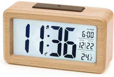 GELLDG Digitale wekker - Bureauklok - Groot display, datum- en temperatuurweergave - Nachtlampje - Digitale klok met snooze-functie - Batterij niet inbegrepen - Hout