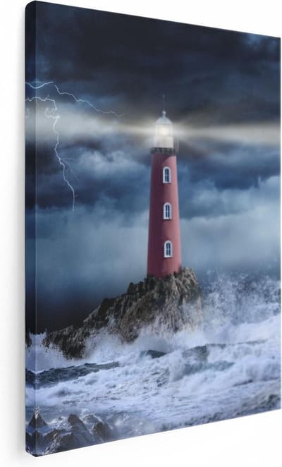 Artaza Canvas Schilderij Zee - 30x40 cm - Klein - Wanddecoratie Vuurtoren - Muurdecoratie Onweer - Schilderijen Op Canvas