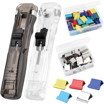 Dailygoods - 2 stuks Clam Clip Dispenser met 100 metalen navulclips (50 zilver en 50 kleuren) draagbare paperclip dispenser gereedschap herbruikbare naadloze nietmachine alternatief voor kantoor school thuis