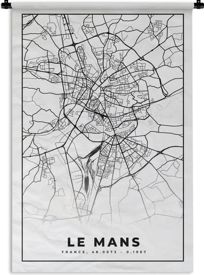 Wandkleed - Wanddoek - Plattegrond - Kaart - Le Mans - Frankrijk - Stadskaart - Zwart wit - 120x180 cm - Wandtapijt