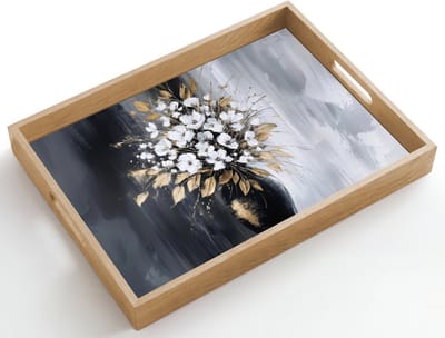 Dienblad hout 50x35 cm - Schootdienblad - Bloemen - Wit - Vaas - Abstract - Borrelplank rechthoek - Plateau dienbladen