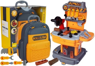 Playos® - Werkbank in Rugzak - Geel - Inclusief Gereedschap - Rollenspel Speelgoed - Gereedschapsset - Motorisch Speelgoed