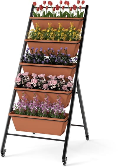 COSTWAY Verticaal verhoogd bloembed, 5 etages, verticaal bed met wieltjes, bloembak met plantenbakken, bloementrap, plantentrap, groentebed, kruidentuin, 57 x 74 x 132 cm
