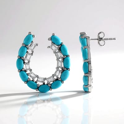 Cavill - 925 Sterling Zilver Gepl. Oorbellen - Sleeping Beauty Turkoois & Witte Topaas 6,22 ct - Hoefijzer Zomerstijl