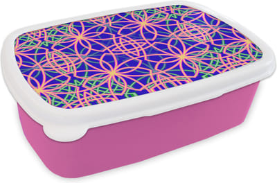 Broodtrommel Roze - Lunchbox - Brooddoos - Bloemen - Neon - Patroon - 18x12x6 cm - Kinderen - Meisje