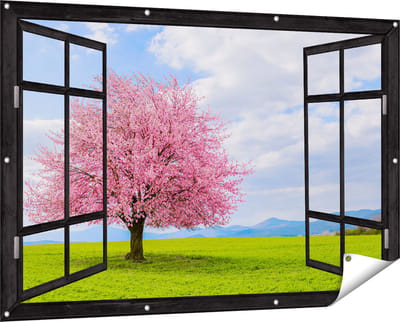 Gards Tuinposter Doorkijk Roze Sakura Bloesem Boom in het Groene Veld - 150x100 cm - Tuindoek - Tuindecoratie - Wanddecoratie buiten - Tuinschilderij