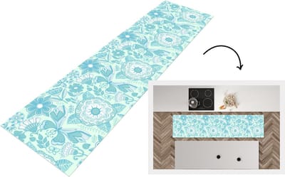 Keukenloper - Loper keuken - Bloemen - Blauw - Wit - Patroon - 200x50 cm - Keukenloper vinyl