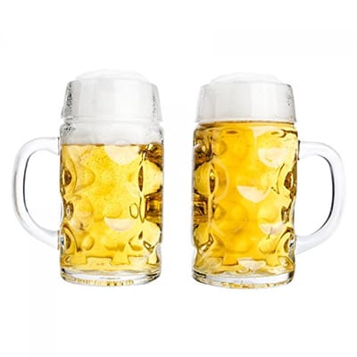 Van Well set of 2 beer mugs, calibrated to 1 l measure, large glass beer tankards with handles, dishwasher safe, perfect for catering