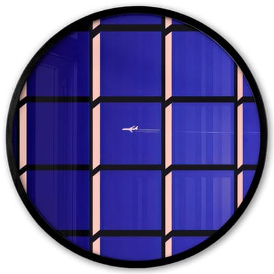Poster in lijst Rond - Fotolijst 40x40 cm - Posters - Vliegtuig - Ruiten - Blauw - Rechthoekig - Ronde posterlijst zwart - Decoratie - Wanddecoratie woonkamer - Muurdecoratie slaapkamer