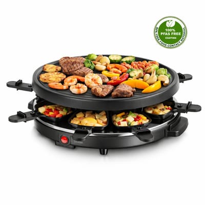 Blokker Raclettegrill - Gourmetset - 28cm diameter - 6 pannetjes - ILAG coating - Stalen grillplaat - 6 spatels - Antislip voetjes - 800W - RG-131523.1 Zwart