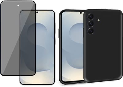 ChiGuard Hoesje & Privacy Screenprotector geschikt voor Samsung S25 – Privé Gehard Glas Cover - Suède Case Zwart