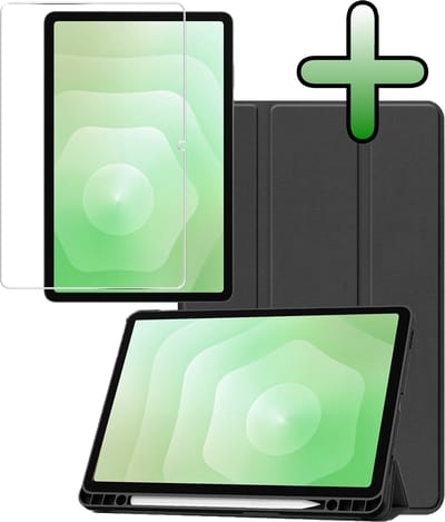 Hoesje Geschikt voor Samsung Galaxy Tab S11 - Met Screenprotector - Trifold Bookcase - Hard Cover Case - Met Uitsparing Geschikt voor S Pen - Hardcover Book - Tablet Hoes - Zwart