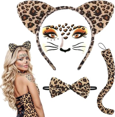 Leopard Kostuum Set voor Vrouwen met Oren, Staart, Strik en Gezichtsdecoratie voor Carnaval en Feestjes