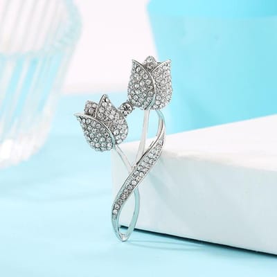 Broche haut de gamme en strass, fleur de tulipe, antireflet, pour costume, col, vêtements white