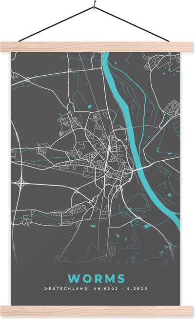 Posterhanger incl. Poster 40x60 cm - Schoolplaat - Stadskaart – Worms – Duitsland – Plattegrond – Kaart - Textielposter - Blanke latten - Stadskaart