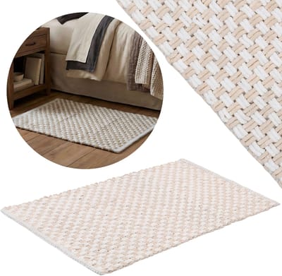 Wit en crèmekleurig tapijt, vloerkleed, mat, slaapkamerkleed, gevlochten 50x80 cm - ABSORBERENDE, pluche microvezel, HOOG gramgewicht