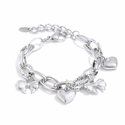 WiseGoods Luxe Dames Armband Met Hart & Strik Bedel - Zilverkleurig RVS - Verstelbaar Elegant Sieraad - Cadeau - Armbandje