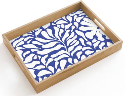 Dienblad hout 40x30 cm - Schootdienblad - Bloemen patroon - Blauw - Wit - Bladeren - Borrelplank rechthoek - Plateau dienbladen
