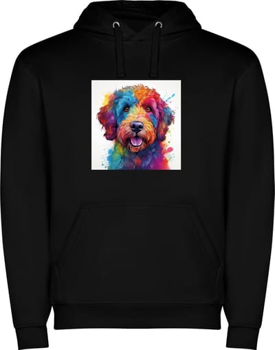 Zwarte unisex hoodie met “ Kleurrijke Labradoodle“ Print Full Color merk Roly maat S