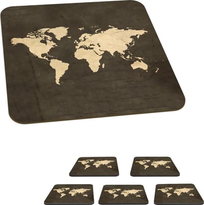 Onderzetters voor glazen - Wereldkaart - Kleuren - Vintage - 10x10 cm - Glasonderzetters - 6 stuks