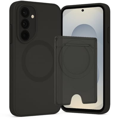 SnapSkin Hoesje & Pasjeshouder geschikt voor Samsung Galaxy S25 - Geschikt voor MagSafe Case - Magnetische Kaarthouder - Semi-Transparant Zwart