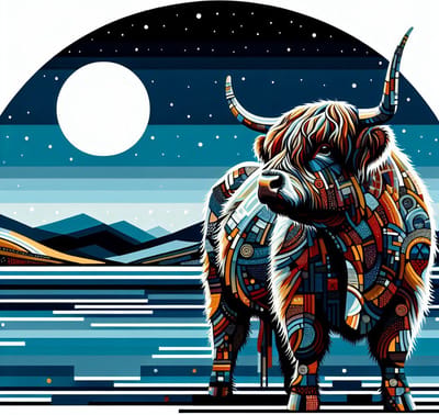 Modern schotse hooglander schilderij | Funky Highland Cow Masterpiece: A Contemporary Artistic Interpretation of Nature | Kunst - 60x60 centimeter op Canvas | Foto op Canvas