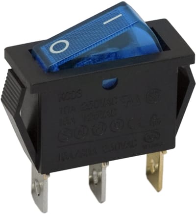 5x Verlichte Wipschakelaar SPST ON-OFF - Rocker Switch 250VAC 16A (20A) - Inbouw Schakelaar Met Blauwe LED Indicatie - Zwarte Behuizing Voor Bedieningspanelen - Aansluitingen 6x9mm - Inbouwopening 28x10,5mm - Verkoopeenheid 5 Stuks [09050KE]