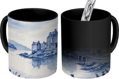 Magische Mok - Foto op Warmte Mokken - Koffiemok - Schots - Kasteel - Blauw - Aquarel - Magic Mok - Beker - 350 ML - Theemok