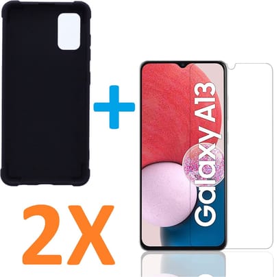Anti-Shock silicone hoesje zwart met 2 Pack Tempered glas Screen Protector Geschikt voor:  Samsung Galaxy A13 4G