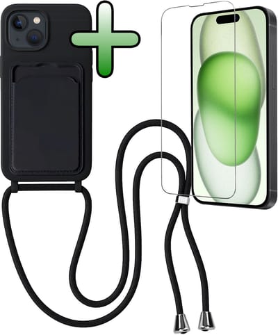 Hoes Geschikt voor iPhone 15 Plus Hoesje Pas Houder Case Hoes Met Koord Met Screenprotector - Hoesje Geschikt voor iPhone 15 Plus Hoes Met Telefoonkoord Pasjeshouder Cover - Zwart