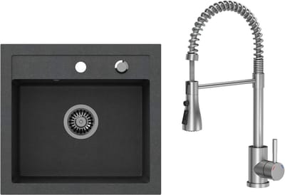 Complete Spoelbak Set met Kraan Zwart Composiet Inbouw - Enkele Bak