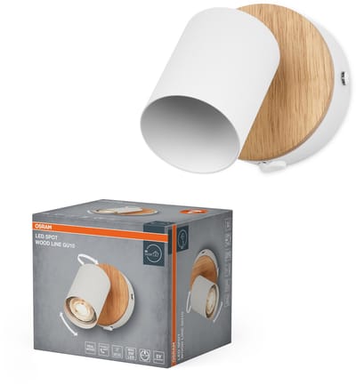 OSRAM LED Spot Wood Line Plafondspot GU10, Wandspot, Wit/Hout decor, Staal/Rubberhout, draaibaar, AAN/UIT