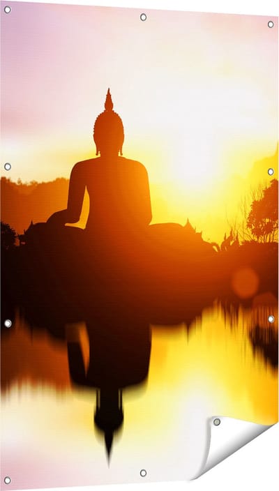 Gards Tuinposter Silhouet van Boeddha Beeld met Zonsondergang - 80x120 cm - Tuindoek - Tuindecoratie - Wanddecoratie buiten - Tuinschilderij
