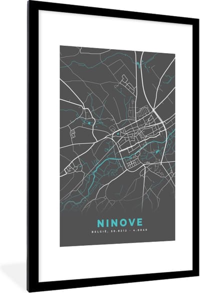 Fotolijst incl. Poster - België – Ninove – Stadskaart – Kaart – Grijs – Plattegrond - 80x120 cm - Posterlijst