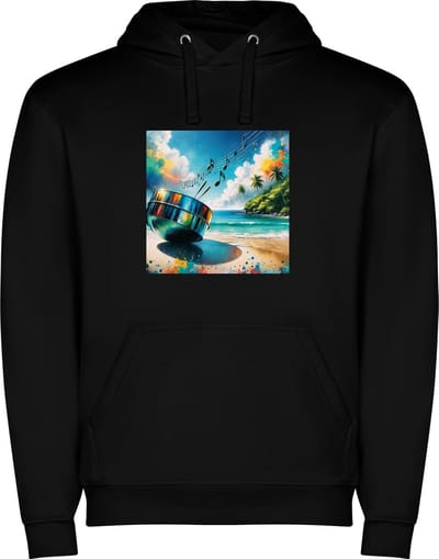 Zwarte unisex hoodie met “ Kleurrijke Steeldrum – Tropen – Muziek – Vrolijk “ Print Full Color merk Roly maat XXL