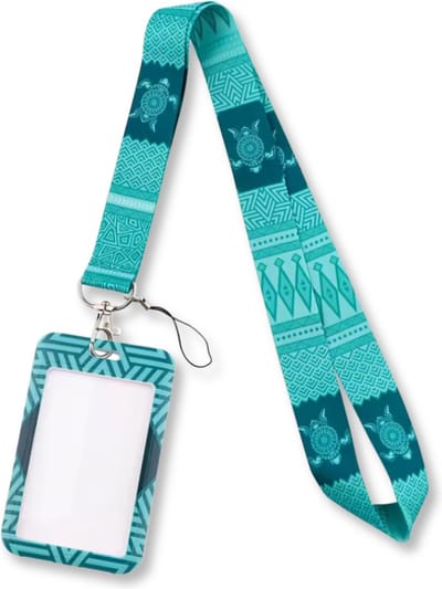 Travel Cords - keycord met pashouder Schildpad Turquoise - uitschuifbaar - eenzijdig transparant venster - lanyard - passen, sleutels en telefoon - met telefooncord - hardcase