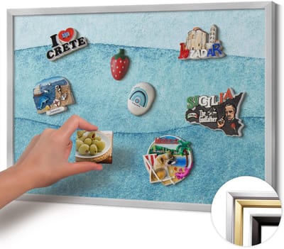 Wallfluent - Blauw Magneetbord met Ontwerpen - 60 cm x 40 cm - Magneetbord met Zilveren Frame - Aquarelblauwe golven - Magnetisch Bord Rechthoekig - Magneetbord met Effen Frame - Magnetisch Bord voor aan de Wand