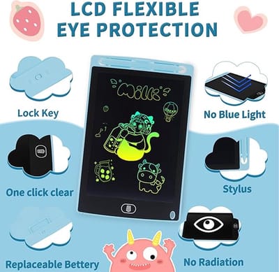 Kleurrijke LCD-schrijftablet kinderen, 8,5 inch uitwisbaar tekenblok met vergrendelingsfunctie; voor het schilderen van teken- en memolijsten, gratis cartoonsticker, speelgoedgeschenken voor 2, 3, 4, 5, 6 jaar oude jongens, meisjes-blauw