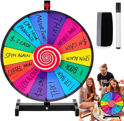 Rad van Fortuin - Draaiwiel 45 cm - Prijsrad - Gezelschapsspel - Uitwisbaar - 14 Schrijfvakken - Schrijf & Gum - H-vormige Voet - Inclusief Whiteboardstift & Gum - Voor Feesten & Les & Promoties- Herbruikbaar