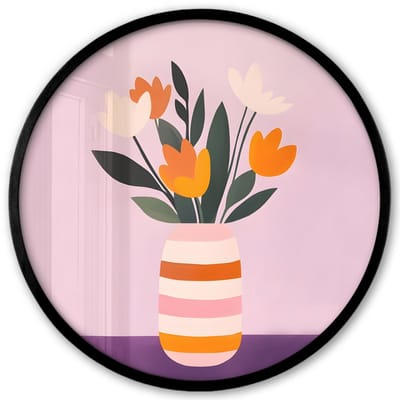 Poster in lijst Rond - Fotolijst 40x40 cm - Posters - Tulpen - Vaas - Strepen - Paars - Ronde posterlijst zwart - Decoratie - Wanddecoratie woonkamer - Muurdecoratie slaapkamer