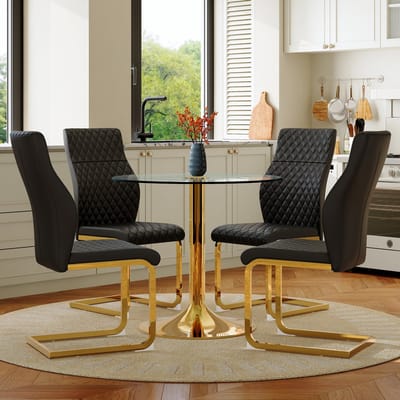 MODENUIT Eetkamerset 85 cm - Ronde Tafel Van Gehard Glas Met 4 Stoelen - Voor Eetkamer En Horeca - Glas Metaal - Zwart Goud