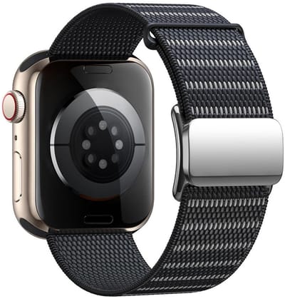 Nylon bandje - geschikt voor Apple Watch 1/2/3/4/5/6/7/8/9/10/11/ SE (1,2,3) met maat 38 mm / 40 mm / 41 mm en 42 mm (Watch 10/11) - magneetsluiting - zwart