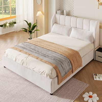 Gestoffeerd bed 140x200 - Beige platformbed met fluwelen bekleding - bed met gestikt hoofdbord - lattenbodem voor slaapkamer