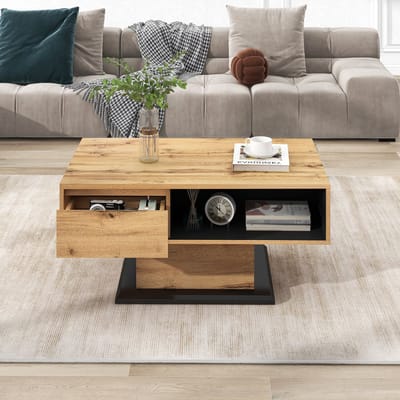DESMIU Salontafel - Eikenhoutnerf Met Griffeloze Lade En Dubbele Opbergruimte - Voor Woonkamer En Kantoor - Spaanplaat - Naturel - 100x47x60 Cm