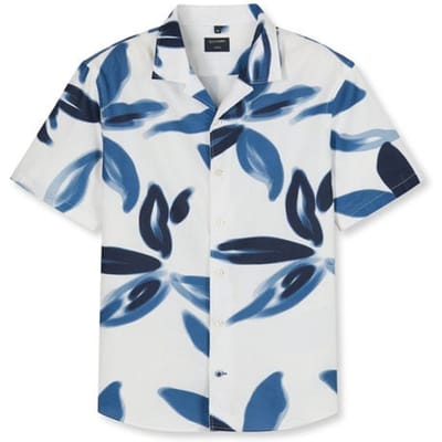 OLYMP Casual regular fit overhemd - korte mouw - popeline - offwhite met blauw dessin
