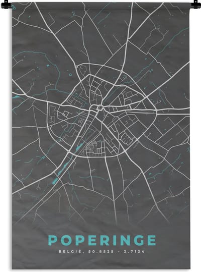 Wandkleed - Wanddoek - Plattegrond – Poperinge – Blauw – Stadskaart - Kaart - België - 120x180 cm - Wandtapijt