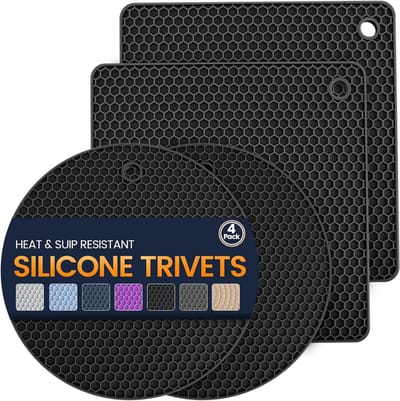 Siliconen onderzetter matten 4 hittebestendige pannenlappen multifunctionele antislip hete pads voor keuken pannenlappen, droogmat, potopener, lepelhouder, onderzetter (zwart)